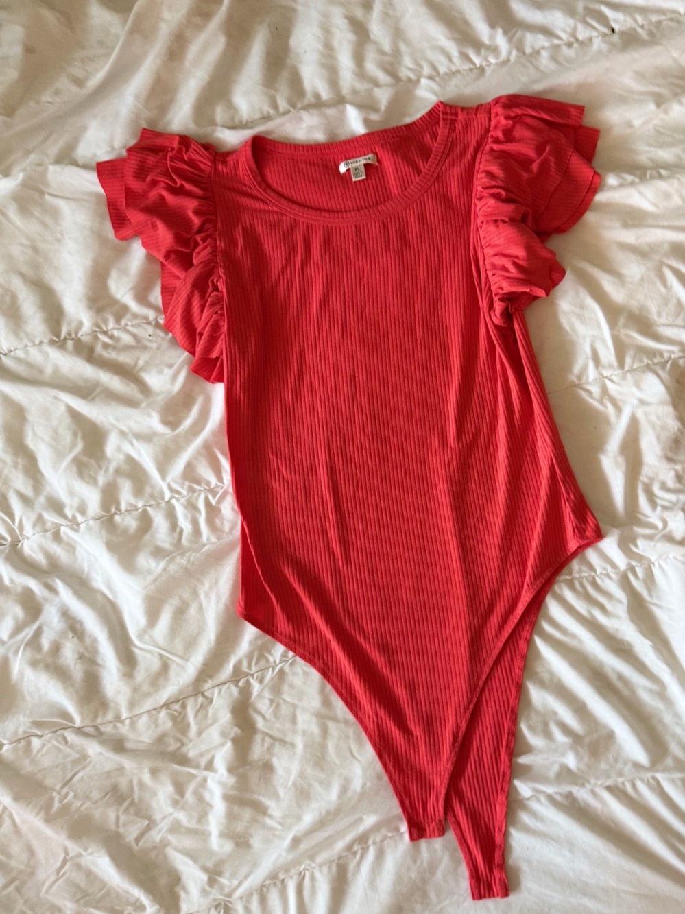 Versona Red Ribbed Ruffle-Sleeve Bodysuit